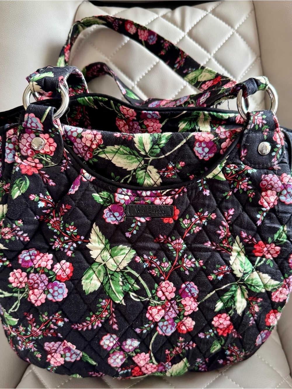 Vera Bradley Black Quilted Tote with Pink & Red Floral Print - Picture 4 of 6